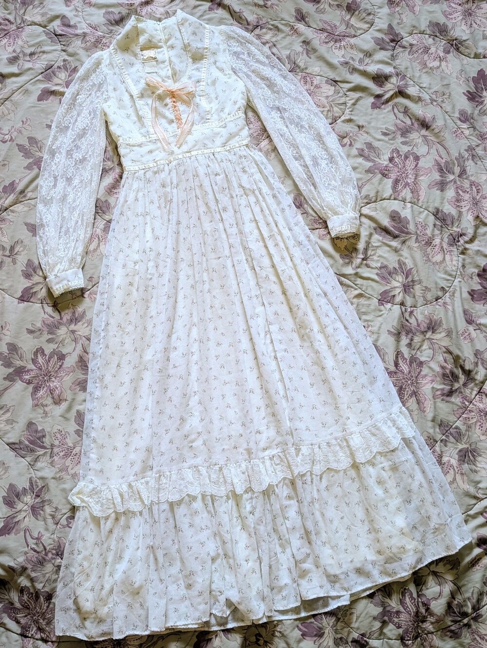 70s Gunne Sax by Jessica White Floral Lace Up Lace Long Sleeve Prairie Dress 9